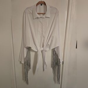 White Button-Up Top with Silver Fringe Country Cowgirl Top 5x
